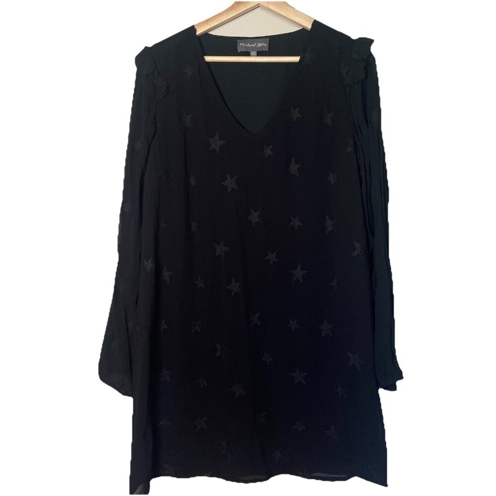 MICHAEL STARS Embroidered Star Georgette Ruffle Shift Dress Size M Black ($178)‎